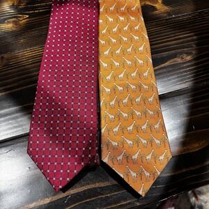 Brooks Brothers 100% Silk Ties, Lot Of 2 , Orange Giraffe, Red Geometric